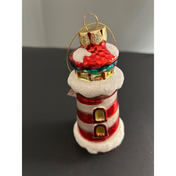 Red & White Striped Lighthouse Christmas Ornament Kurt Adler Glass Holiday Decor - Picture 5 of 8